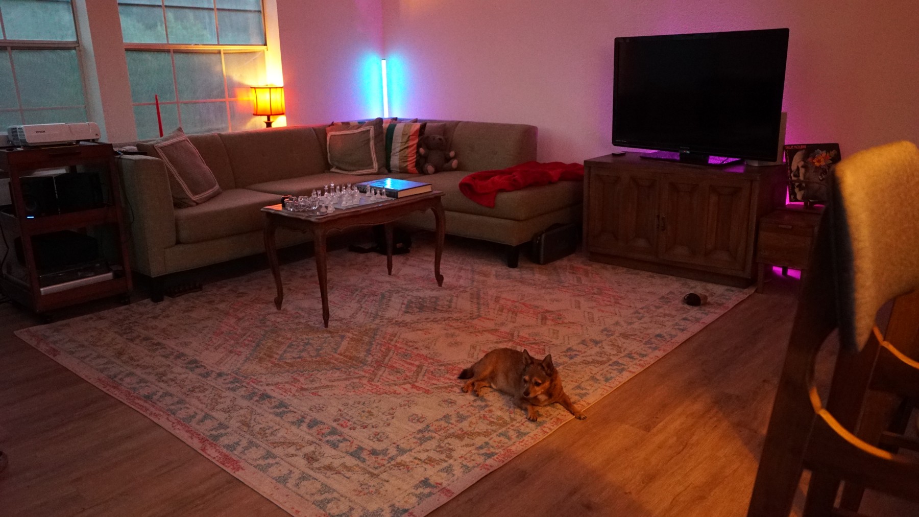 The ranch living room at night, with warm lamps, a sofa, and a dog relaxing on the rug